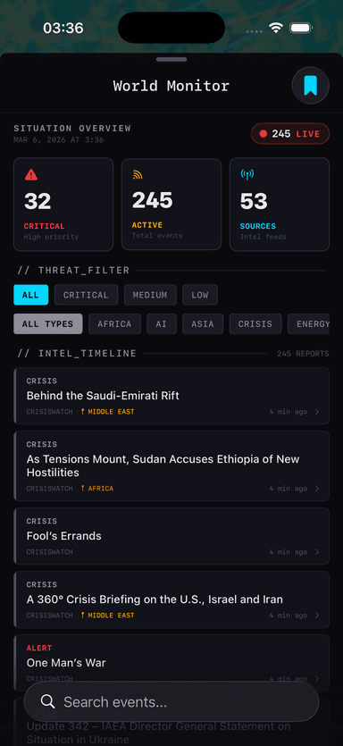 World Monitor iPhone – Situation Overview with threat filters and live feed