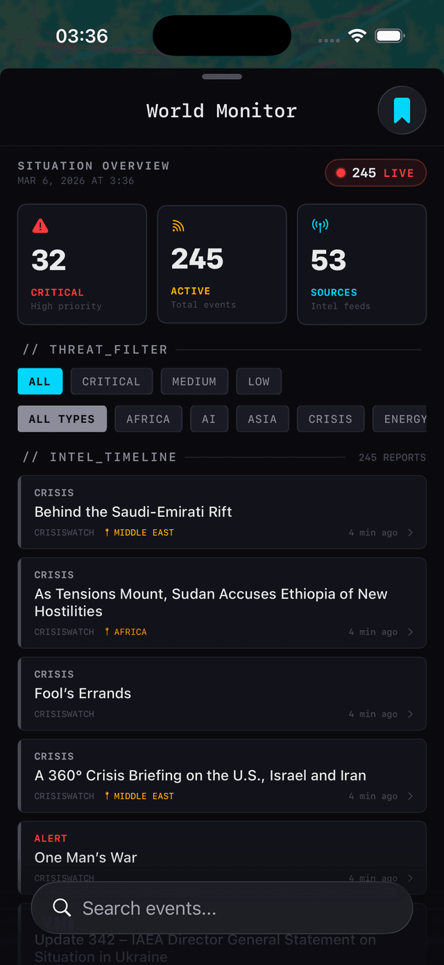 World Monitor iPhone – Situation Overview with threat filters and live feed