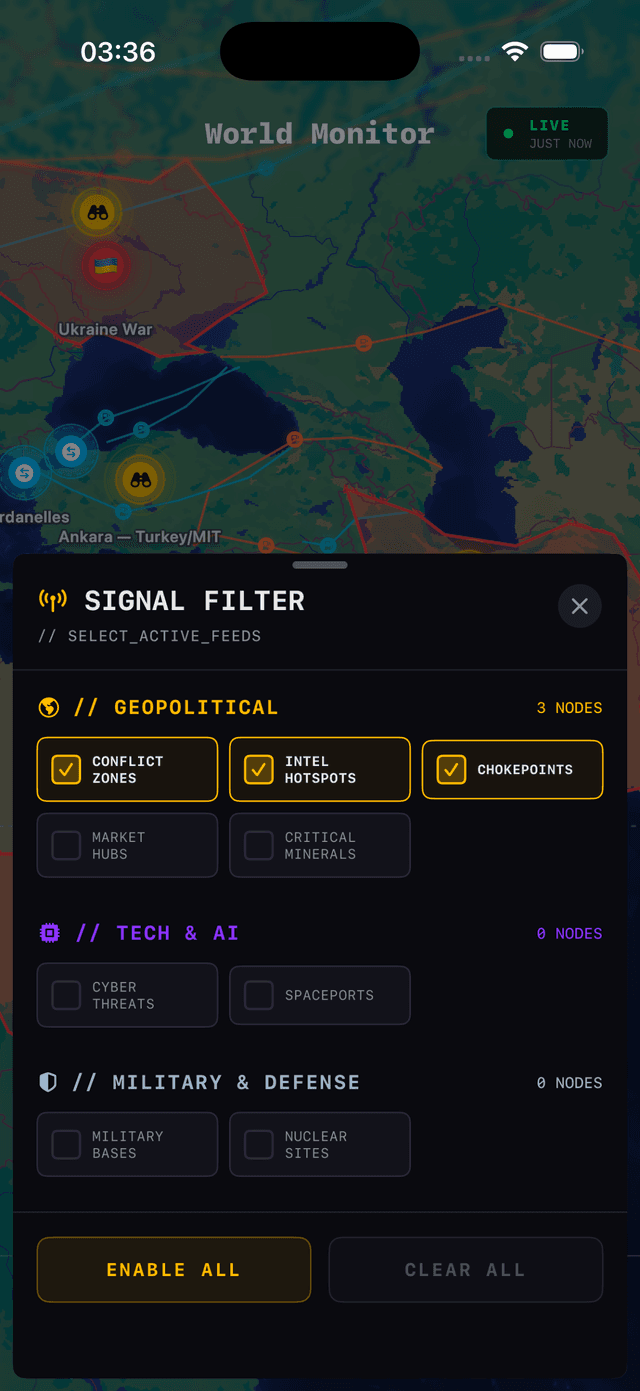World Monitor iPhone – Signal Filter for geopolitical and military events